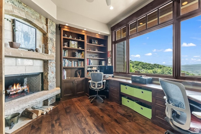 1355 W Red Hawk Trl Unit 35, Park City, UT 84098 - office space with a stone fireplace, dark wood-style flooring, and built in study area