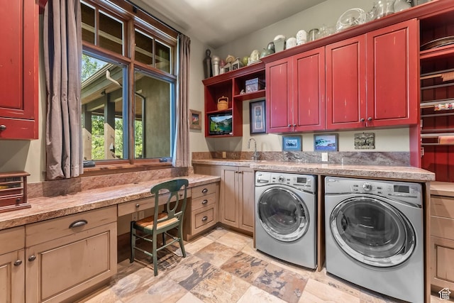1355 W Red Hawk Trl Unit 35, Park City, UT 84098 - washroom with cabinet space, stone finish floor, a sink, and washing machine and clothes dryer
