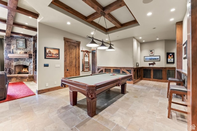 1355 W Red Hawk Trl Unit 35, Park City, UT 84098 - game room featuring stone tile flooring, coffered ceiling, a fireplace, and beam ceiling