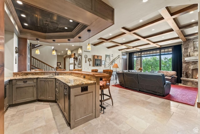 1355 W Red Hawk Trl Unit 35, Park City, UT 84098 - kitchen with light stone counters, stone tile floors, a breakfast bar, coffered ceiling, and open floor plan