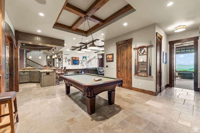1355 W Red Hawk Trl Unit 35, Park City, UT 84098 - recreation room featuring billiards, baseboards, coffered ceiling, stone tile flooring, and recessed lighting