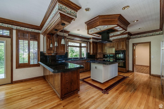 1387 E 260 N, Logan, UT 84321 - kitchen with exhaust hood, black double oven, light wood-type flooring, ornamental molding, and kitchen peninsula