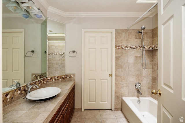 1387 E 260 N, Logan, UT 84321 - bathroom featuring tile patterned flooring, vanity, tiled shower / bath combo, and crown molding
