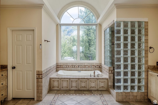 1387 E 260 N, Logan, UT 84321 - bathroom with tile patterned flooring, vanity, ornamental molding, and a bath