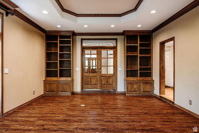 1387 E 260 N, Logan, UT 84321 - interior space with french doors, a raised ceiling, crown molding, dark hardwood / wood-style floors, and built in features