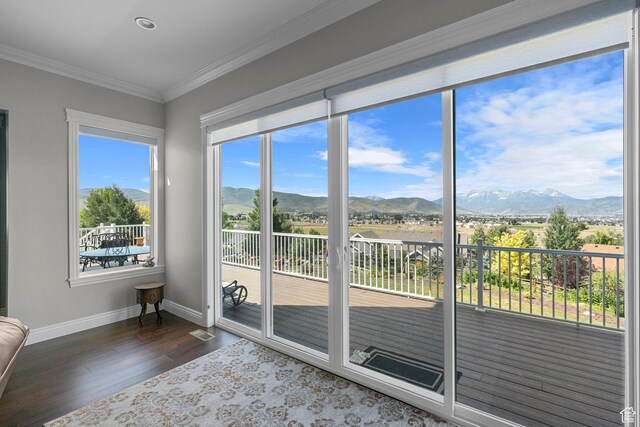 3128 E Hunters Ridge Way, Heber City, UT 84032 - doorway featuring a mountain view, crown molding, baseboards, and dark wood finished floors