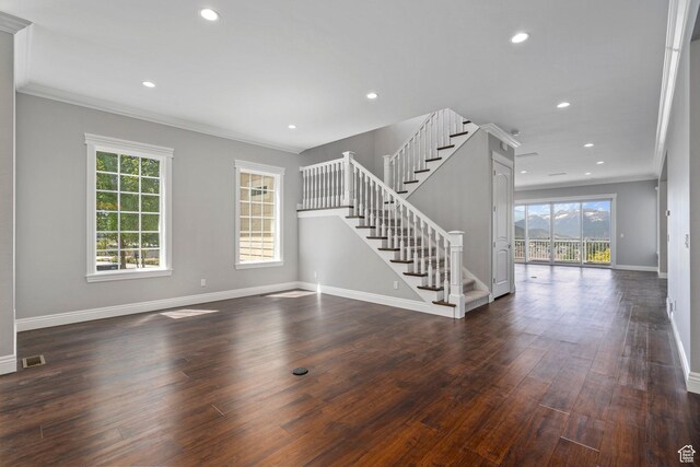 3128 E Hunters Ridge Way, Heber City, UT 84032 - unfurnished living room with stairs, dark wood finished floors, baseboards, recessed lighting, and ornamental molding