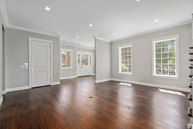 3128 E Hunters Ridge Way, Heber City, UT 84032 - unfurnished living room with wood finished floors, baseboards, crown molding, and recessed lighting