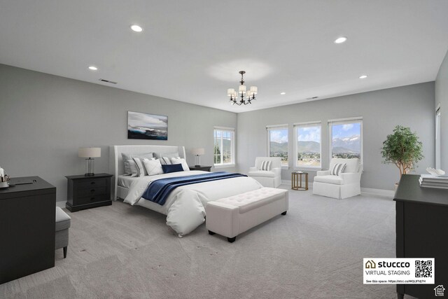 3128 E Hunters Ridge Way, Heber City, UT 84032 - bedroom with a chandelier, multiple windows, carpet floors, recessed lighting, and baseboards