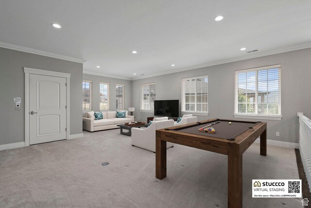 3128 E Hunters Ridge Way, Heber City, UT 84032 - recreation room with recessed lighting, ornamental molding, billiards table, baseboards, and carpet