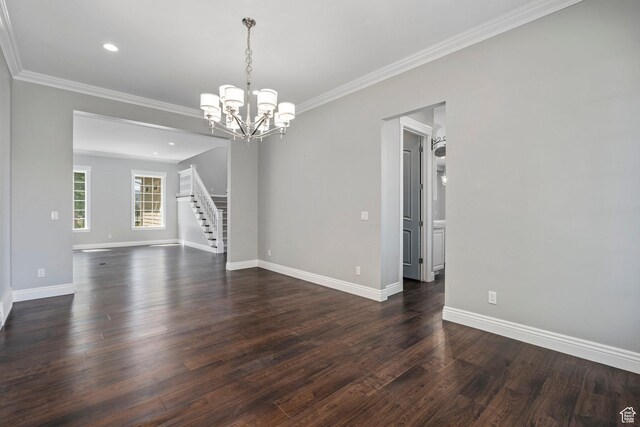3128 E Hunters Ridge Way, Heber City, UT 84032 - empty room with ornamental molding, a chandelier, dark wood-style floors, stairs, and baseboards