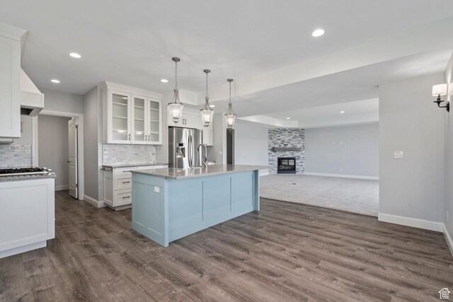 3128 E Hunters Ridge Way, Heber City, UT 84032 - kitchen featuring stainless steel fridge, recessed lighting, backsplash, white cabinetry, and dark wood-style floors