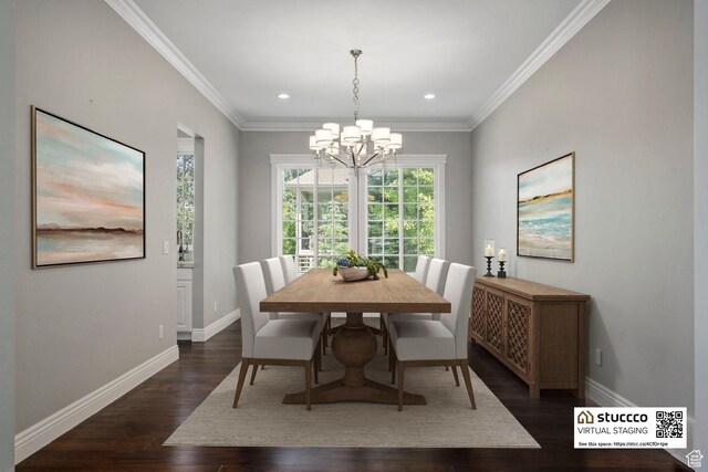3128 E Hunters Ridge Way, Heber City, UT 84032 - dining space featuring a chandelier, dark wood-style flooring, baseboards, crown molding, and recessed lighting