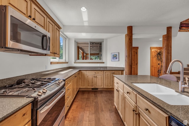 1126 Station Loop Rd, Park City, UT 84098 - kitchen with sink, hardwood / wood-style flooring, light brown cabinetry, and appliances with stainless steel finishes