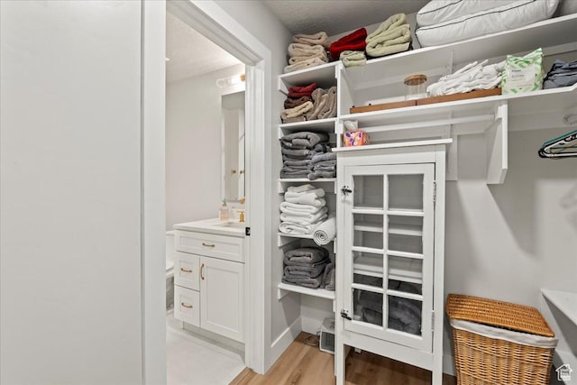 spacious closet with light hardwood / wood-style flooring