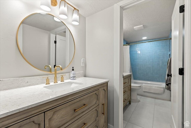 full bathroom with vanity, toilet, shower / tub combo, and a textured ceiling
