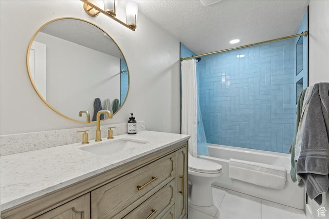 full bathroom with tile patterned flooring, vanity, toilet, a textured ceiling, and shower / bath combo with shower curtain