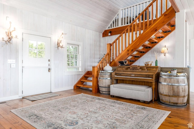 1380 S Mills Ln, Heber City, UT 84032 - entrance foyer featuring vaulted ceiling, stairs, hardwood / wood-style floors, and wood ceiling