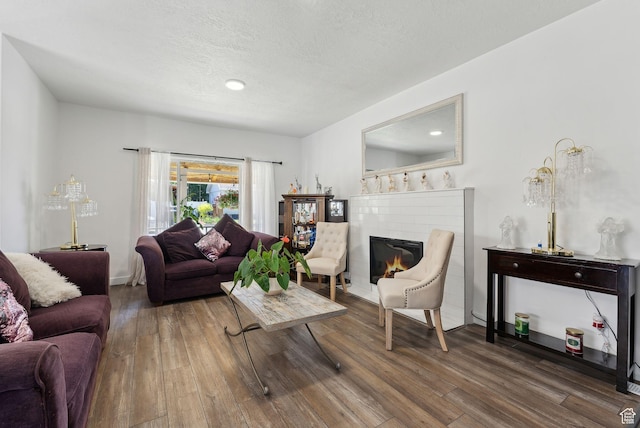 2977 S 8950 W, Magna, UT 84044 - living room with a textured ceiling, wood-type flooring, and a fireplace