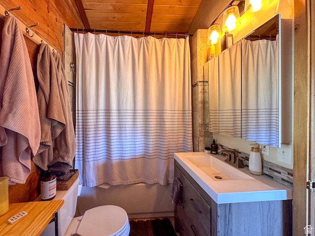 full bathroom with lofted ceiling, wood ceiling, shower / tub combo, vanity, and toilet