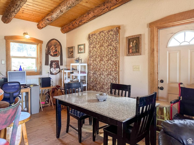 dining area featuring wood ceiling, hardwood / wood-style floors, and beamed ceiling
