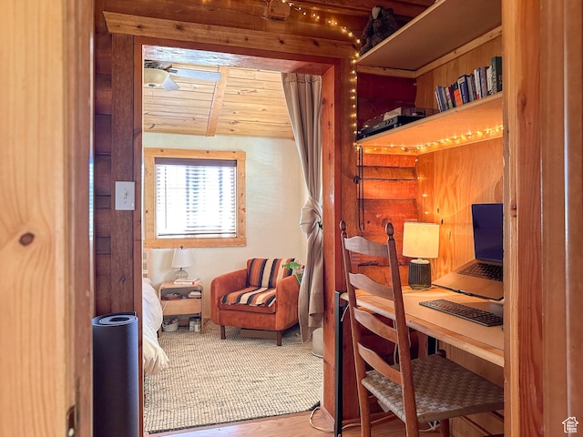 interior space featuring hardwood / wood-style flooring and wooden ceiling