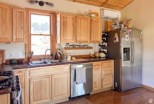 kitchen featuring sink, wood ceiling, appliances with stainless steel finishes, a wall mounted air conditioner, and dark hardwood / wood-style flooring