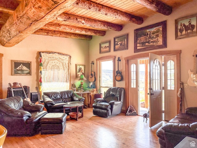 living room featuring hardwood / wood-style floors, wooden ceiling, and beamed ceiling