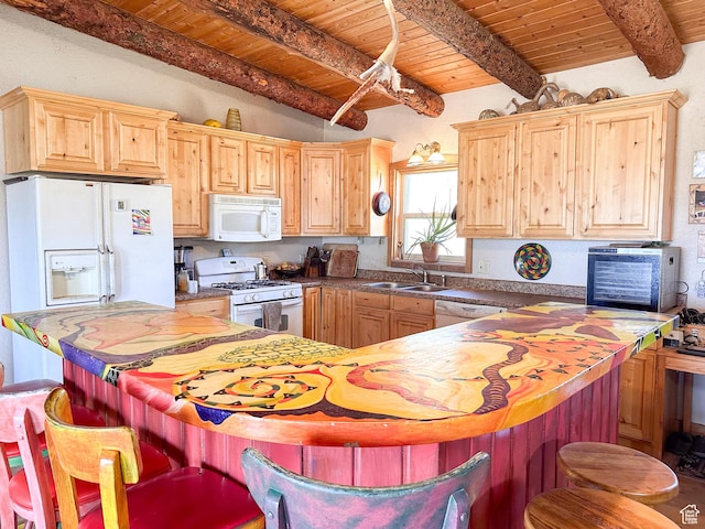kitchen with sink, wood ceiling, white appliances, beamed ceiling, and light brown cabinets
