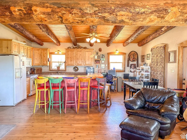 kitchen with white appliances, light hardwood / wood-style flooring, wooden ceiling, and beamed ceiling