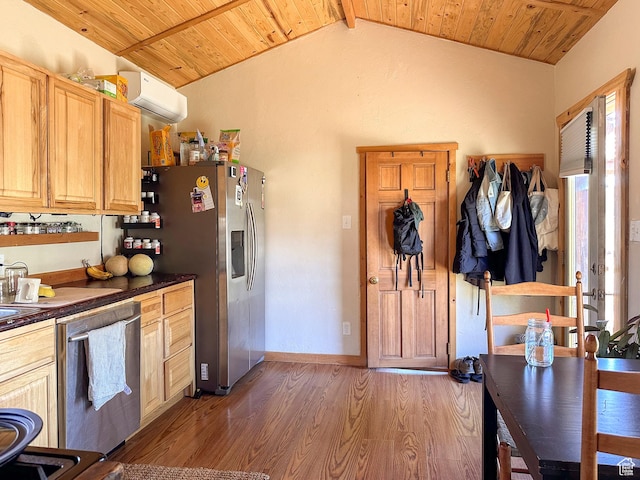 kitchen featuring lofted ceiling, a wall mounted AC, wooden ceiling, appliances with stainless steel finishes, and dark hardwood / wood-style flooring
