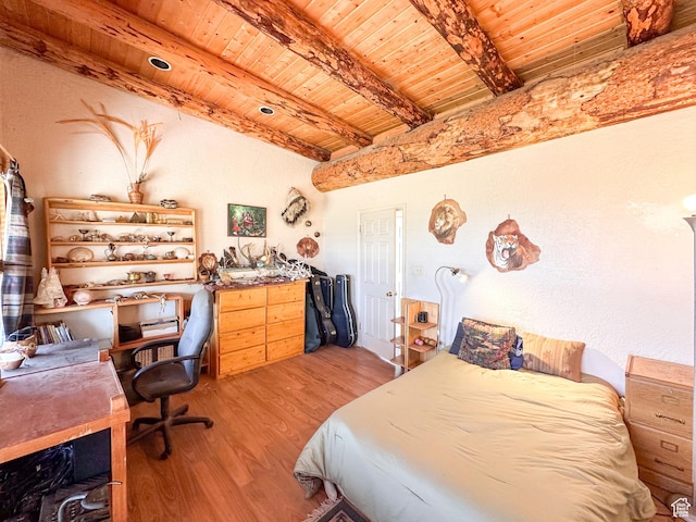 bedroom featuring wood ceiling, beam ceiling, and light hardwood / wood-style flooring