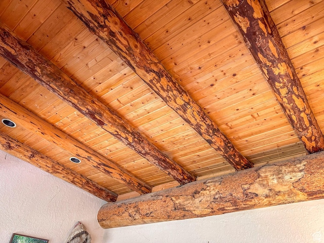 interior details featuring beamed ceiling and wood ceiling