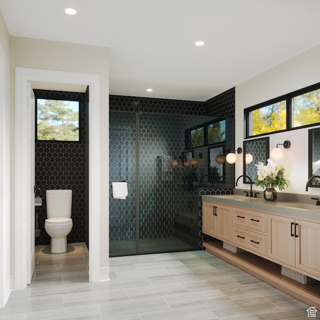 4044 W Crest Ct, Park City, UT 84098 - full bathroom with tiled shower, toilet, recessed lighting, and double vanity