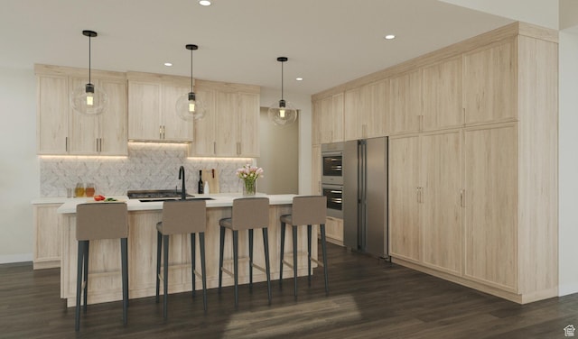 4044 W Crest Ct, Park City, UT 84098 - kitchen featuring light brown cabinetry, a sink, backsplash, light countertops, and dark wood-style flooring