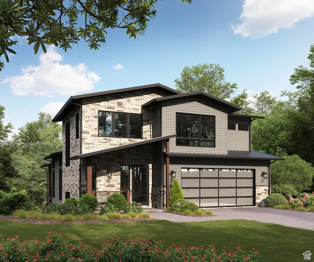 4044 W Crest Ct, Park City, UT 84098 - contemporary house with stone siding, a garage, driveway, and a front yard