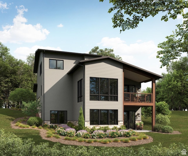 4044 W Crest Ct, Park City, UT 84098 - rear view of house with a yard, stone siding, and a balcony