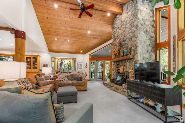 9443 E Wild Clematis Ln Unit 1, Brighton, UT 84121 - living room featuring wood ceiling, high vaulted ceiling, carpet flooring, and beamed ceiling
