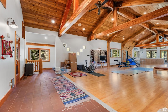9443 E Wild Clematis Ln Unit 1, Brighton, UT 84121 - workout room with high vaulted ceiling, tile patterned flooring, wood ceiling, a ceiling fan, and baseboards