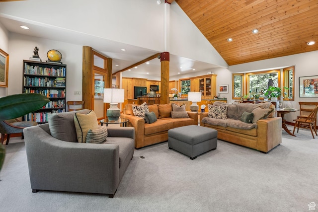 9443 E Wild Clematis Ln Unit 1, Brighton, UT 84121 - living area with high vaulted ceiling, recessed lighting, wood ceiling, and light colored carpet