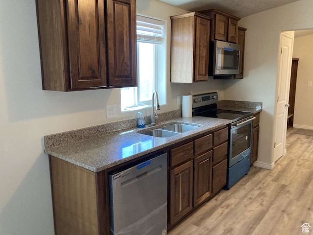 255 S 800 W, Escalante, UT 84726 - kitchen with dark brown cabinetry, sink, light wood-type flooring, and appliances with stainless steel finishes