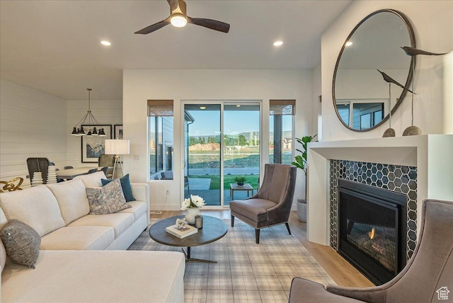 1901 S Sawmill Blvd E Unit 415, Heber City, UT 84032 - living room with ceiling fan and a tiled fireplace