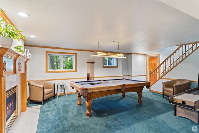 recreation room with crown molding, carpet floors, and billiards
