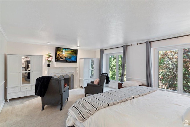 carpeted bedroom with ornamental molding