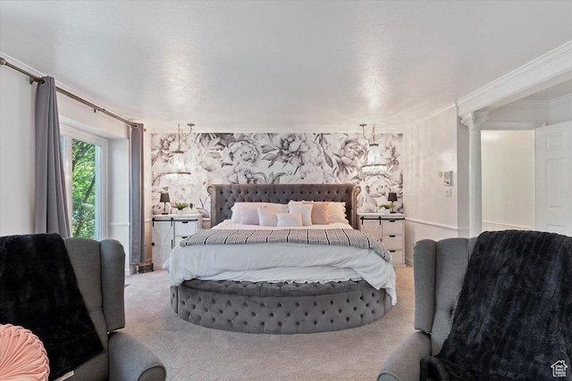 carpeted bedroom featuring ornamental molding