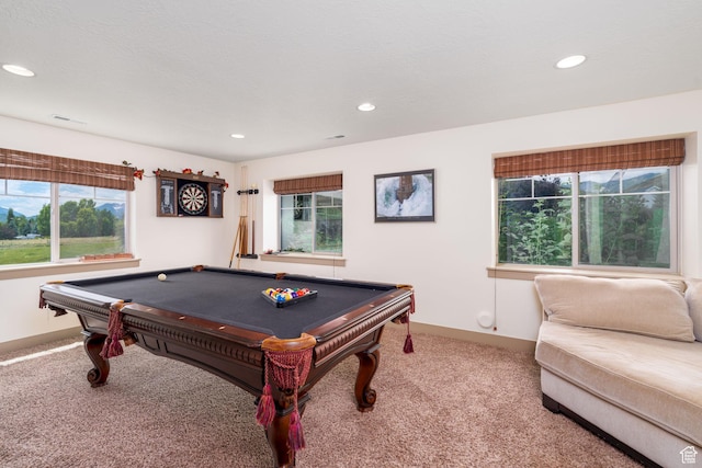 rec room featuring carpet floors and billiards
