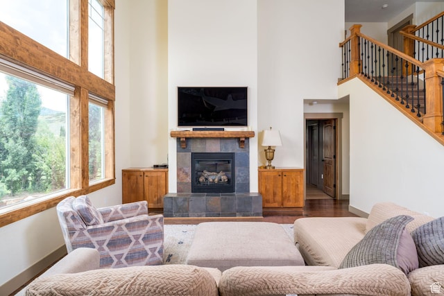 living room with hardwood / wood-style floors, a towering ceiling, and a fireplace