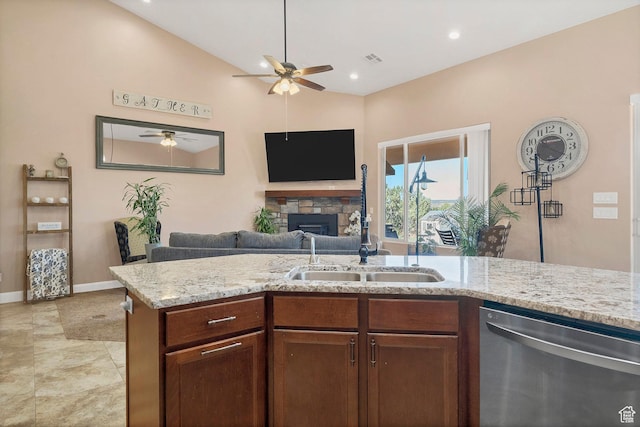 1536 S Cliff Dr, Apple Valley, UT 84737 - kitchen featuring dishwasher, lofted ceiling, a fireplace, sink, and ceiling fan