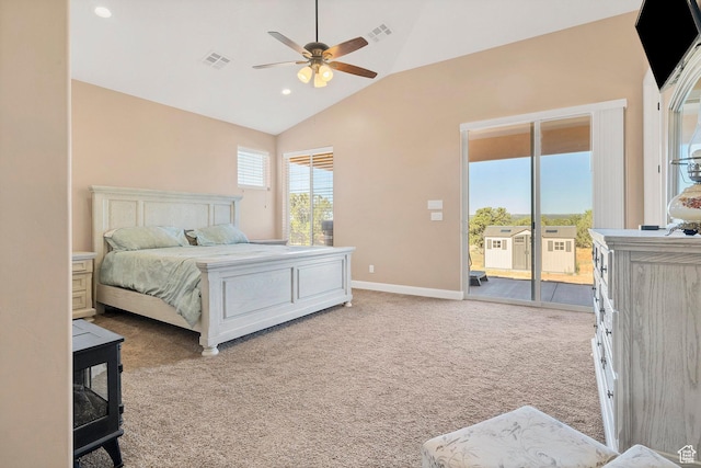 1536 S Cliff Dr, Apple Valley, UT 84737 - carpeted bedroom featuring ceiling fan, access to exterior, and lofted ceiling