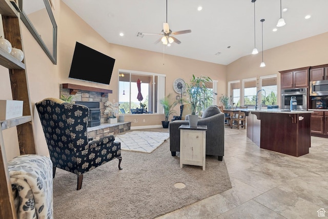1536 S Cliff Dr, Apple Valley, UT 84737 - living room featuring ceiling fan, lofted ceiling, a stone fireplace, and sink